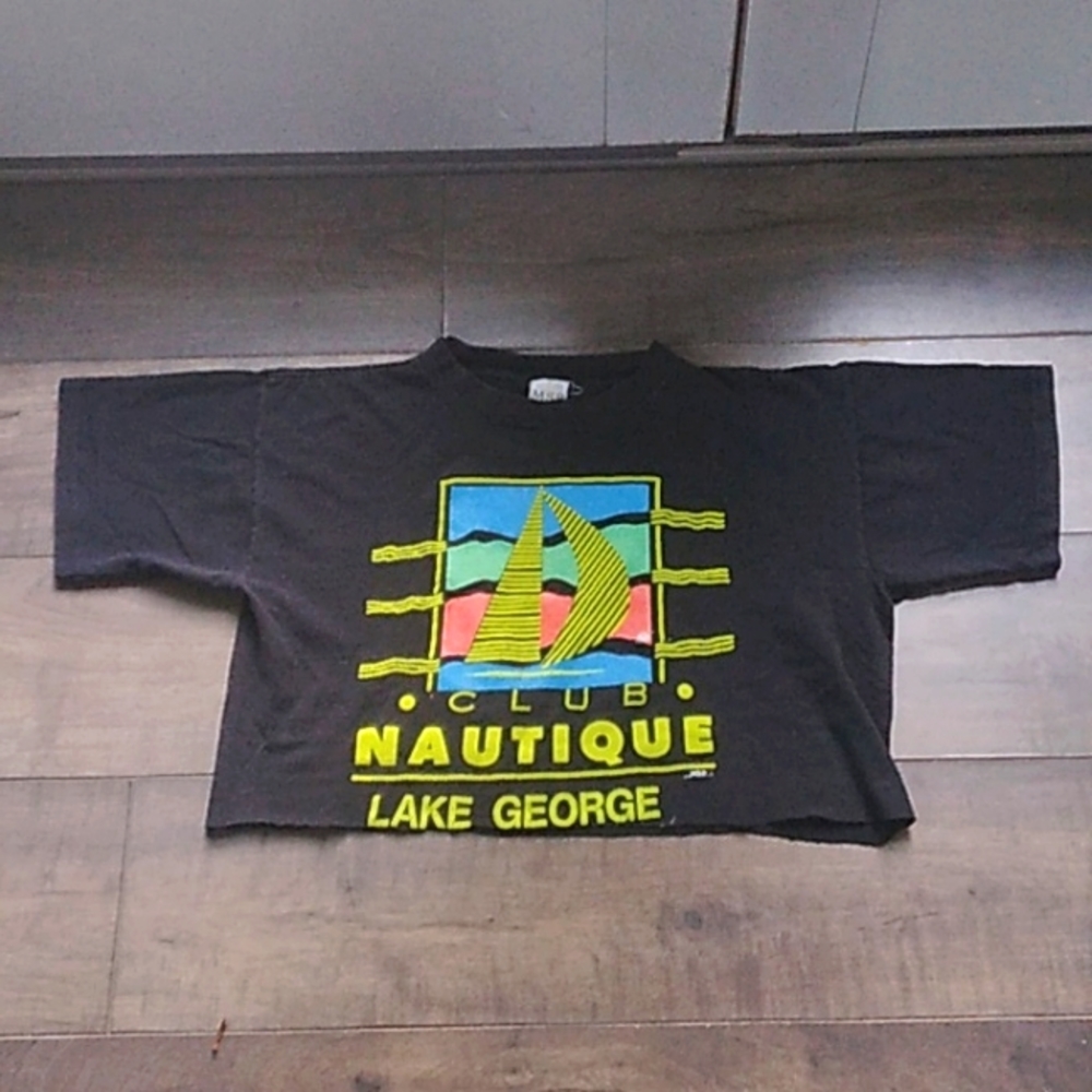 VTG 90S LAKE GEORGE NEON  CROP USA MADE TEE WOMANS L